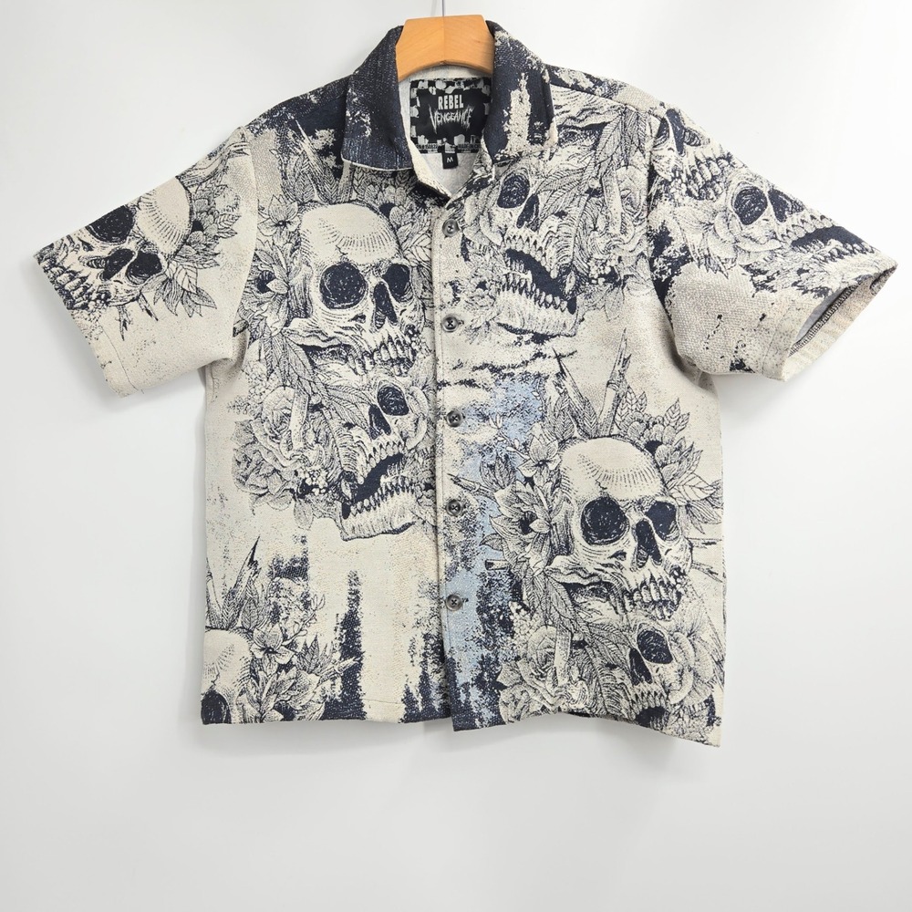 Rebel Vengeance Skull Floral Tapestry Shirt Short Sleeve Button Up Ivory Black M